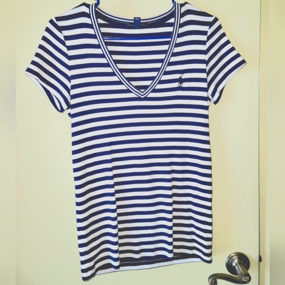 Ralph Lauren Size M Navy Blue White Striped V-neck